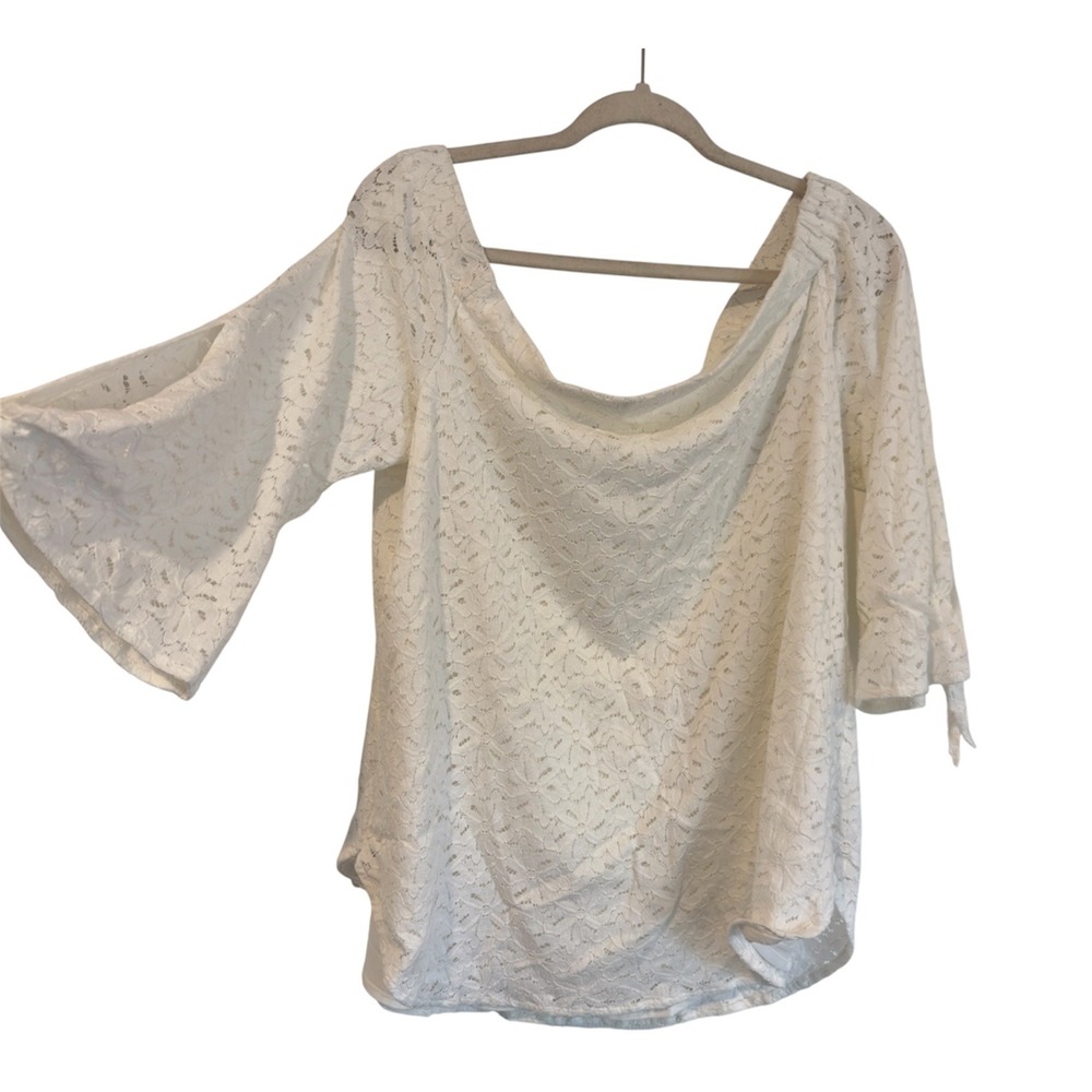 Kaari Blue Womens XL White Floral Lace Off The Shoulder Tie Sleeve Blouse Top